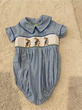 Classic Whimsy Blue Gingham Smocked Peter Rabbit Bubble Romper 6M